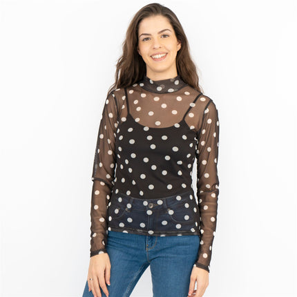 Coast Black Polka Dot Spotty High Neck Long Sleeve Mesh Tops-Quality Brands Outlet-
