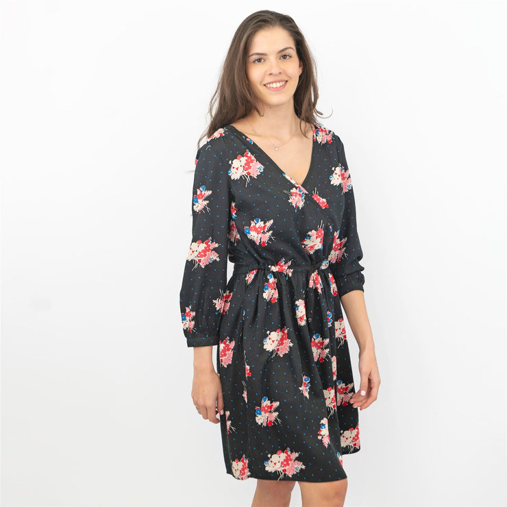 Crew Clothing Women Black Floral 3/4 Sleeve Cross Wrap with Pockets Dresses