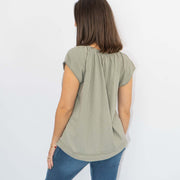 Short Sleeve Pleats Khaki Green Lace Details Relaxed Casual Summer Cotton Jersey Tops, Size 12