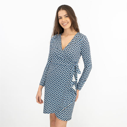 Karen Millen Blue Long Sleeve Jersey Geometric KM Logo Print Tie Wrap Dress-Quality Brands Outlet-