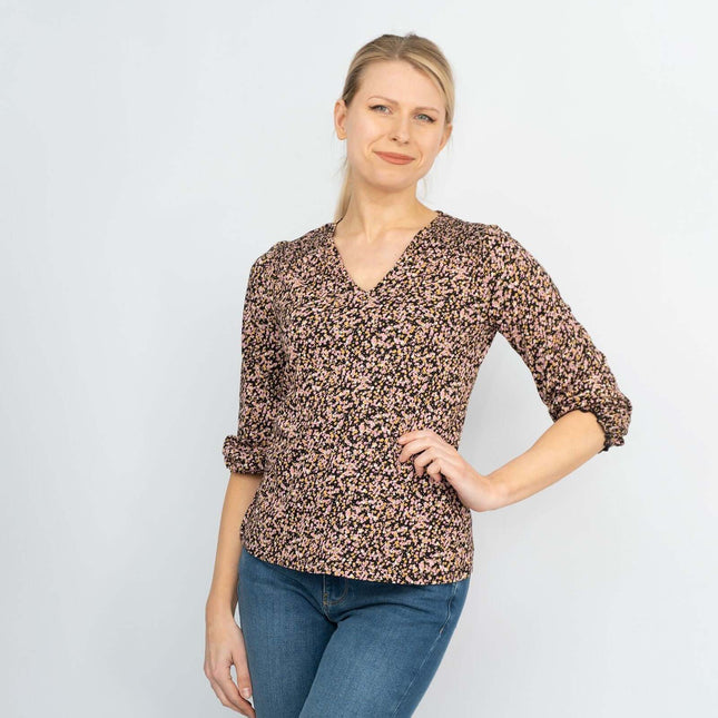 3/4 Sleeve Black Ditsy Floral Print V-Neck Soft Jersey Tops-Quality Brands Outlet-