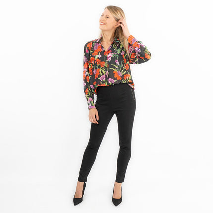 Karen Millen Black Floral Satin Long Sleeve Button-Up Shirts-Quality Brands Outlet-