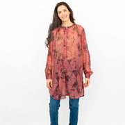 Next Red Floral with Silver Thread Long Sleeve Button-Up Lightweight Tunic Longline Tops - Quality Brands Outlet