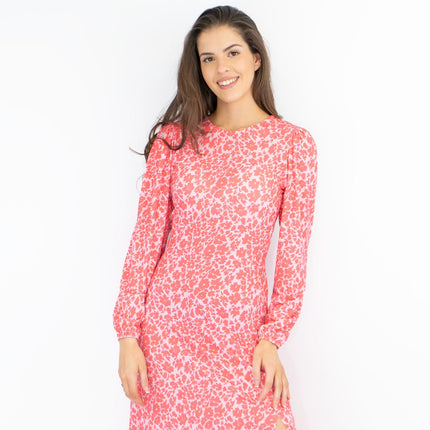 Oasis Pink Long Sleeve Floral Print Slit Summer Long Midi Dresses-Quality Brands Outlet-