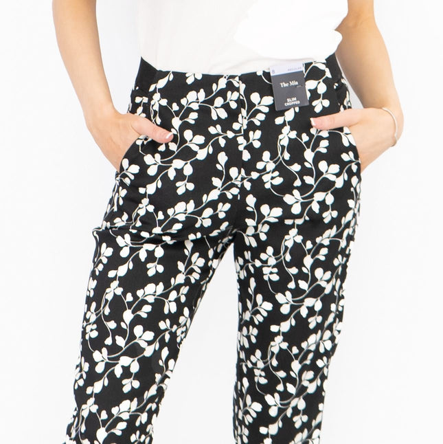 M&S Mia Black Flower Print Slim Leg Tapered Crop Chino Trousers-Quality Brands Outlet-