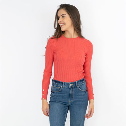 M&S Coral Red Soft Touch Ribbed Crew Neck Fitted Jumper