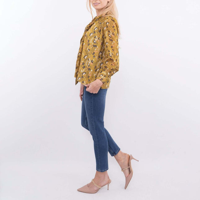 White Stuff Tamina Yellow Floral Print Long Sleeve Tine-Neck Tops-Quality Brands Outlet-
