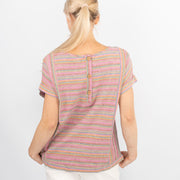 Pink Striped Short Sleeve Lightweight Linen Blend Relaxed Blouse Women's Summer Tops