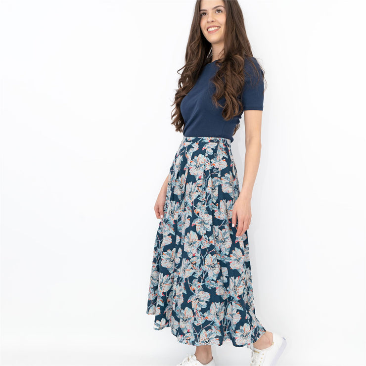 Seasalt Artists Anemone Oil Paint Navy Blue Flare Midi Skirts - Quality Brands Outlet