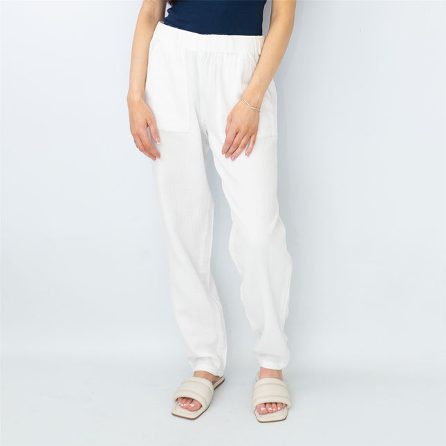 M&S Pure Cotton Tapered Ankle Grazer Elasticated Waist White Trousers-Quality Brands Outlet-