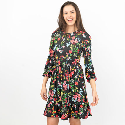 Oasis Black Floral 3/4 Sleeve Fit & Flare Swing Dress
