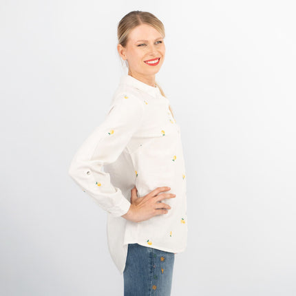 White Lemon Embroidery Linen Rich Long Sleeve Women's Shirts-Quality Brands Outlet-