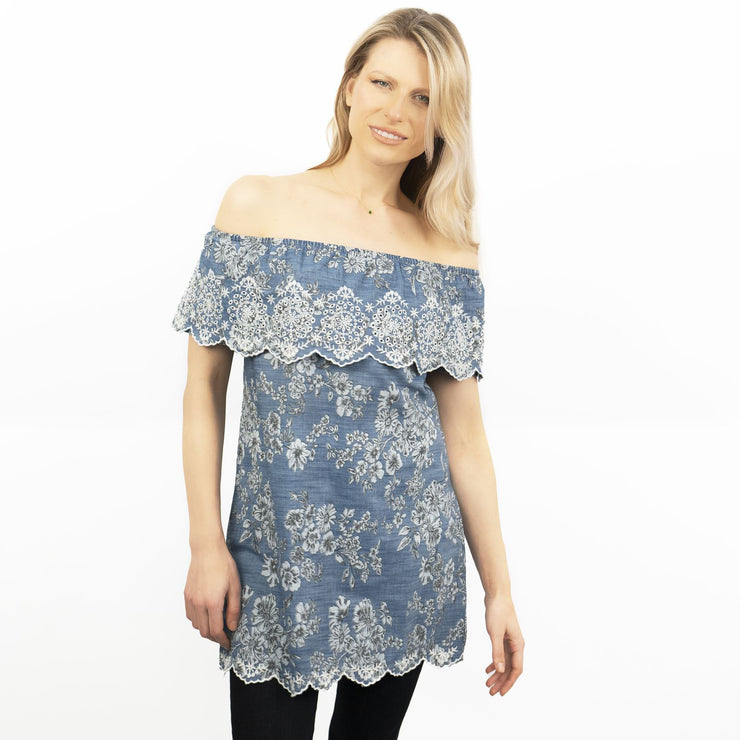 Blue Embroidered Off Shoulder Tunic Longline Women&