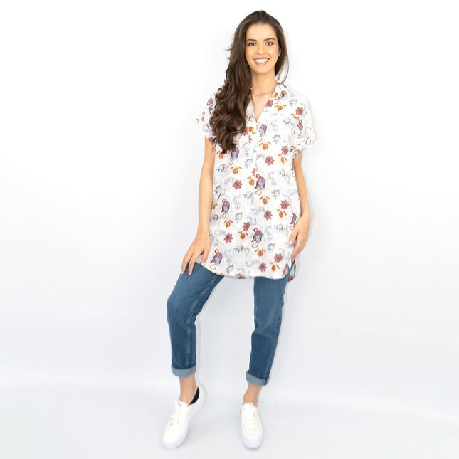 White Stuff Ivory Floral Print Billie Relaxed Linen Tunics Casual Longline Tops-Quality Brands Outlet-
