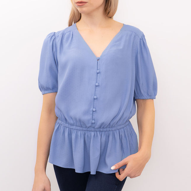 M&S Blue Blouse Elasticated Waist Short Sleeve V-Neckline Tops-Quality Brands Outlet-