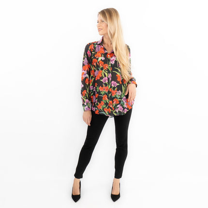 Karen Millen Black Floral Satin Long Sleeve Button-Up Shirts-Quality Brands Outlet-