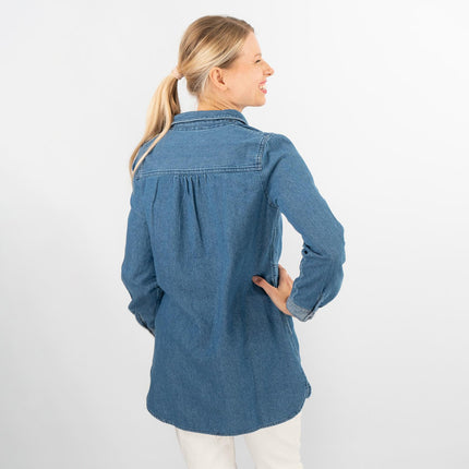 Blue Denim Long Sleeve Casual Tunic Longline Women's Shirts-Quality Brands Outlet-