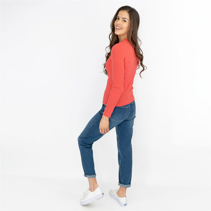 M&S Coral Red Soft Touch Ribbed Crew Neck Fitted Jumper
