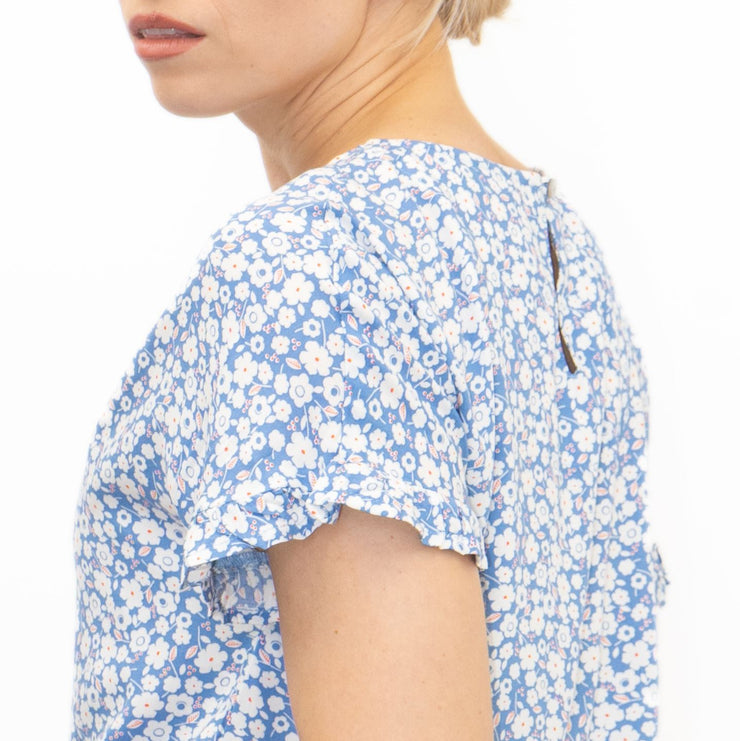 M&S Blue Floral Print Lightweight Blouse Frill Short Sleeve Round Neckline Tops - Quality Brands Outlet