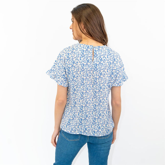 M&S Blue Floral Print Lightweight Blouse Frill Short Sleeve Round Neckline Tops-Quality Brands Outlet-