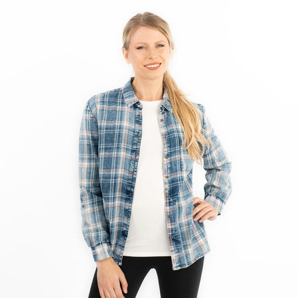 Blue Denim Check Women's Shirts Long Sleeve Button Up Tops