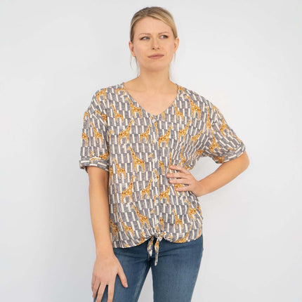 Giraffe Print Short Sleeve Relaxed Fit Tie-Knot Women's Summer Tops-Quality Brands Outlet-
