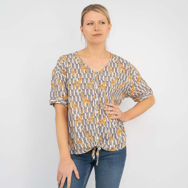Giraffe Print Short Sleeve Relaxed Fit Tie-Knot Women's Summer Tops-Quality Brands Outlet-