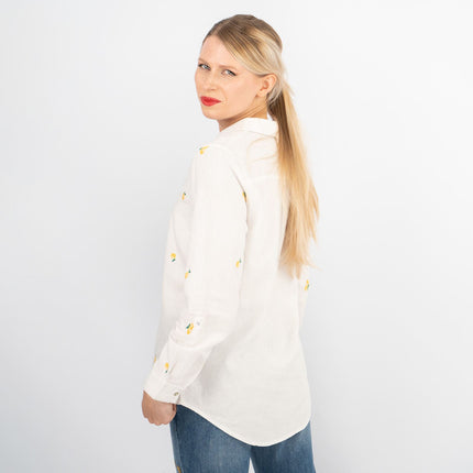 White Lemon Embroidery Linen Rich Long Sleeve Women's Shirts-Quality Brands Outlet-