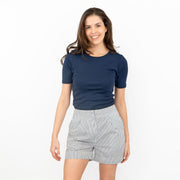 I Saw It First Women White Blue Stripe Casual Shorts with Pockets - Quality Brands Outlet
