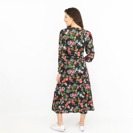 Oasis Slinky Black Jersey Floral Long Sleeve Split Midi Dress-Quality Brands Outlet-