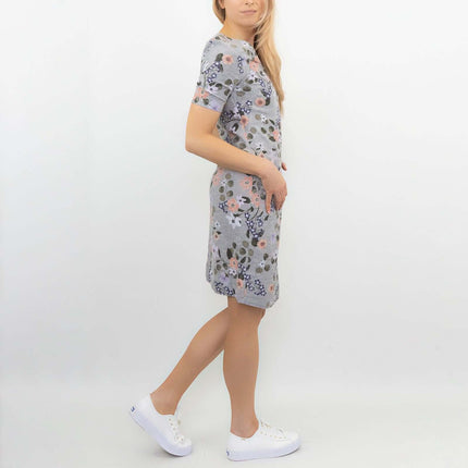 M&S Linen Blend Grey Floral Short Sleeve Casual Shift Dress-Quality Brands Outlet-