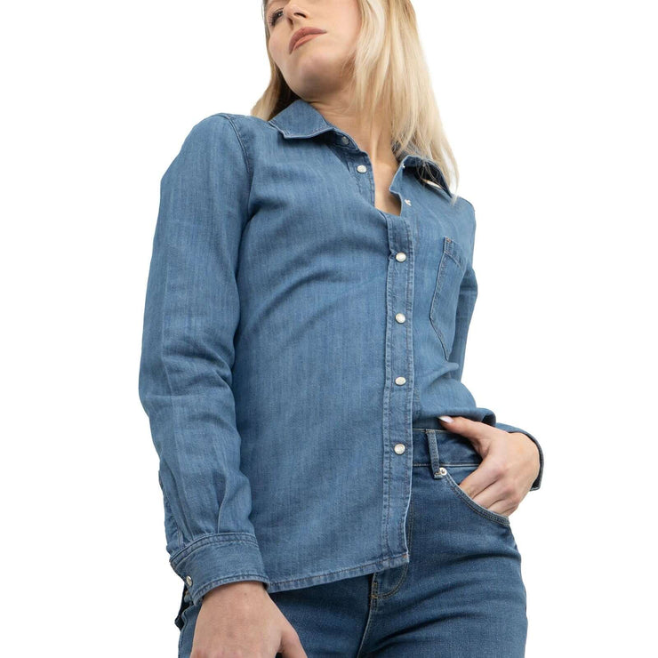 Massimo Dutti Women Blue Denim Long Sleeve Shirt with Pocket