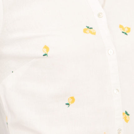 White Lemon Embroidery Linen Rich Long Sleeve Women's Shirts-Quality Brands Outlet-