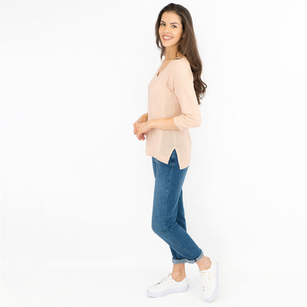 M&S Per Una Pink V-Neck Textured Fine Knit Cotton Mix 3/4 Sleeve Jumper