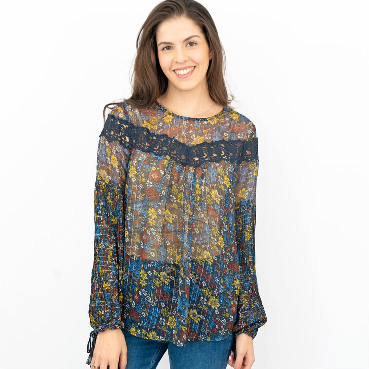 Next Blue Floral with Silver Thread Long Sleeve Lightweight Relaxed Fit Blouses