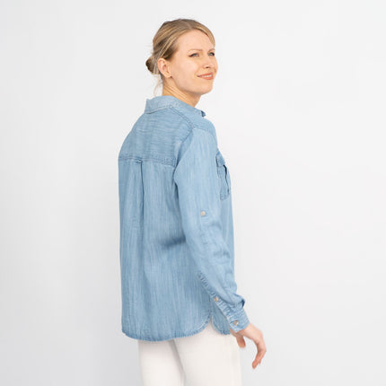 Blue Chambray Soft Linen Rich Long Sleeve Shirt Button-Up Tops-Quality Brands Outlet-