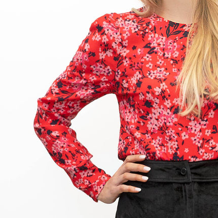 M&S Red Ditsy Floral Print Long Sleeve Lightweight Tops-Quality Brands Outlet-