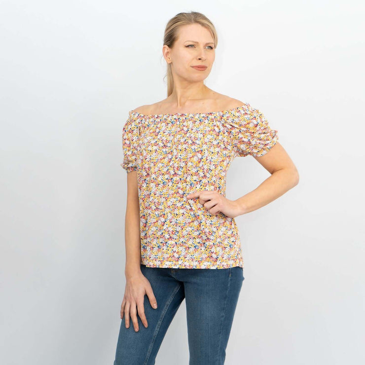 Leia Gathered Off Shoulder Short Sleeve Ditsy Floral Relaxed Tops