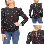 M&S Women Black Floral Long Puff Sleeve Round Neck Top