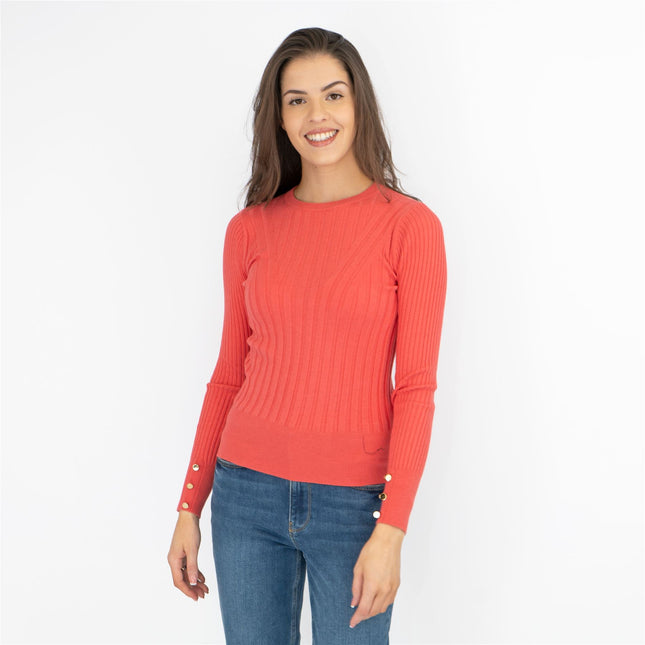 M&S Coral Red Soft Touch Ribbed Crew Neck Fitted Jumper-Quality Brands Outlet-