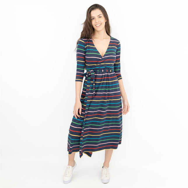 Frugi Rico Stripe Cross Wrap 3/4 Sleeve Maternity Nursing Midi Dress