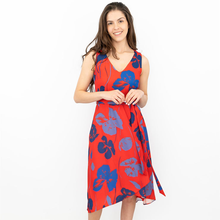 Phase Eight Sacha Red Floral Sleeveless Hi-Lo V-Neck Midi Dress - Quality Brands Outlet