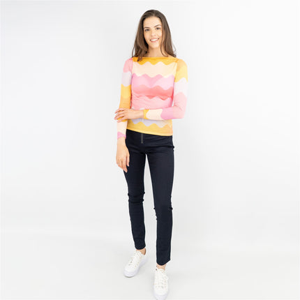 Coast Pink Chevron Print Long Sleeve Boat Neck Mesh Tops-Quality Brands Outlet-
