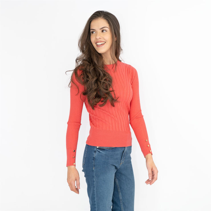 M&S Coral Red Soft Touch Ribbed Crew Neck Fitted Jumper