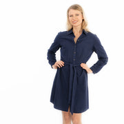 Textured Cotton Navy Blue Long Sleeve Women's Shirt Dress