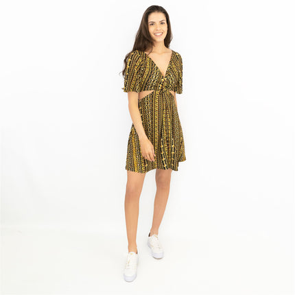 Karen Millen Side Cut Out Gold Chain Print Jersey Short Sleeve Mini Dress-Quality Brands Outlet-