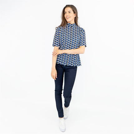 Karen Millen Blue Geometric Print High Neck Short Sleeve Tops-Quality Brands Outlet-