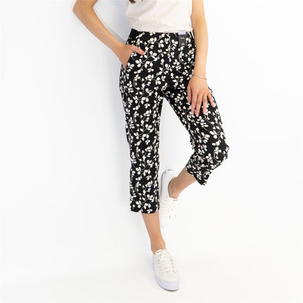 M&S Mia Black Flower Print Slim Leg Tapered Crop Chino Trousers - Quality Brands Outlet
