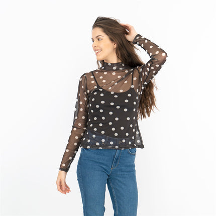 Coast Black Polka Dot Spotty High Neck Long Sleeve Mesh Tops-Quality Brands Outlet-