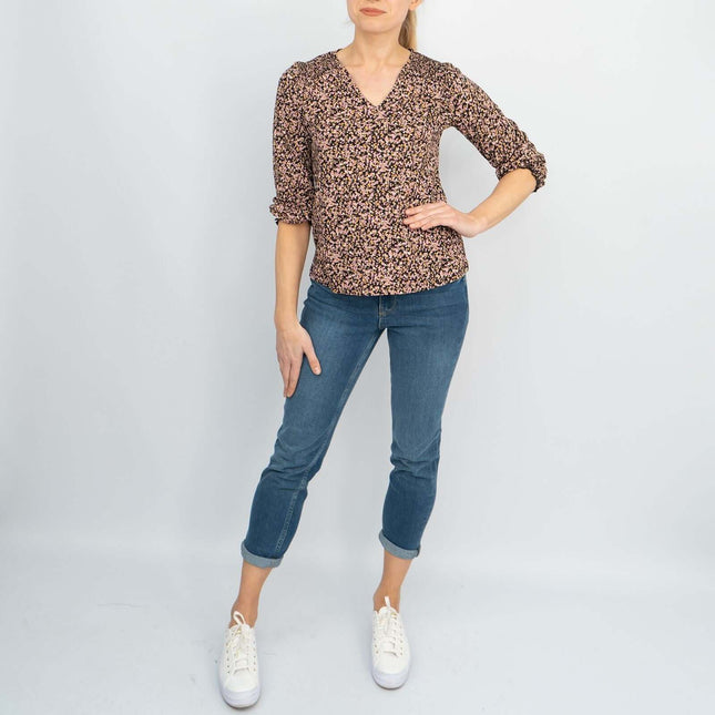 3/4 Sleeve Black Ditsy Floral Print V-Neck Soft Jersey Tops-Quality Brands Outlet-
